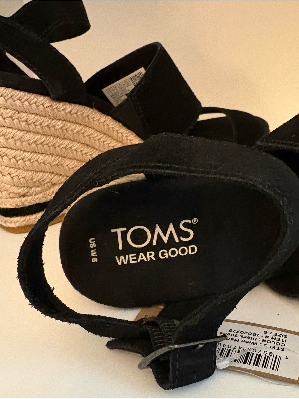 TOMS Black Suede Espadrille Wedge Sandals with Ankle Strap - Picture 4 of 10